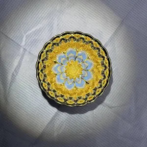 Golden Handmade Jianzhan Teacups with Blue Lotus Pattern and 3D Golden Lotus Motif