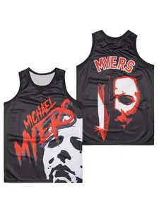 Michael Myers Halloween Basketball Jersey Black Red White Horror Movie Print All Over Print Breathable Mesh Sleeveless Tank Top for Horror Fans, Halloween Enthusiasts, Basketball Collectors & Movie Lovers