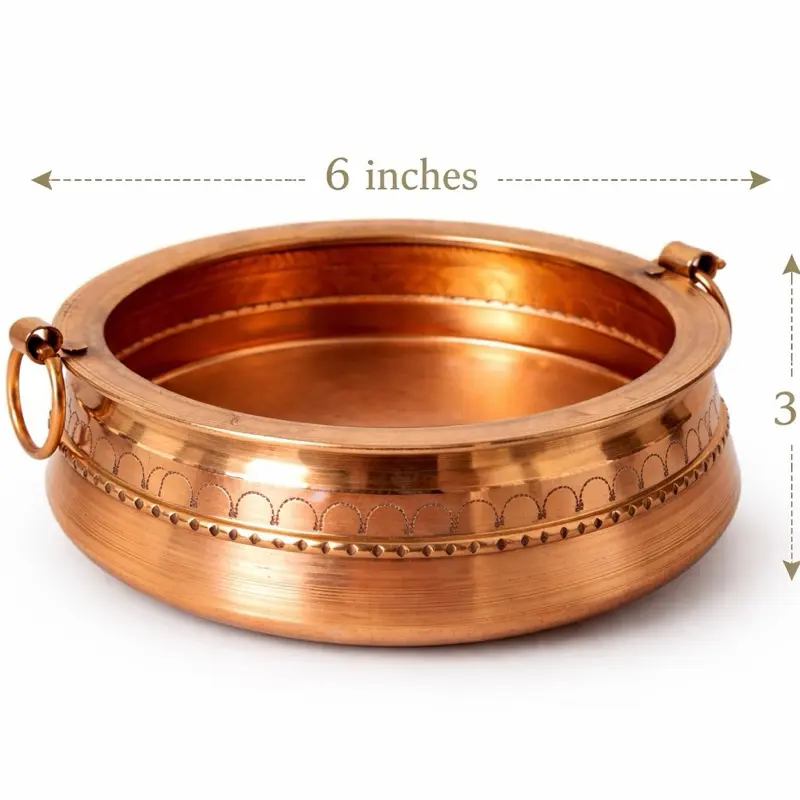 Traditional Pure Copper Handmade Nepali Motif Round Khadkulo Ornament - 6in Diameter, 3in Height, Decorative Indoor Home Decor Vase & Filler Art Piece, 3 Inches Height