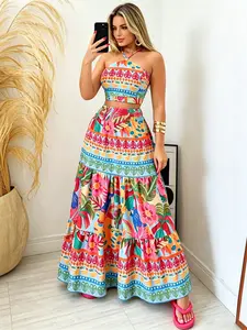 Bohemian beach vacation outfit: Tropical print backless tank top and matching skirt, women's summer vacation dress. Womenswear wide leg pant two-piece set pretty girl fall winter new arrival tcvc woman activewear solid ribbed short t-shirt Outfit Lounge