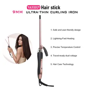 YAXIUUY 9MM Small Curling Iron, ceramic tourmaline barrel, ultra-thin curling iron, dual voltage design, equipped with 9-level digital temperature control, 10-second quick heating, high-temperature curling iron, suitable for curling short and long hair.