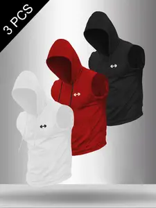 Men's 3-Piece Dumbbell Print Hooded Sleeveless T-Shirt Set, Casual Comfortable Hoodie Vest, Summer Outdoor Fitness Wear, Athletic Sports Clothing