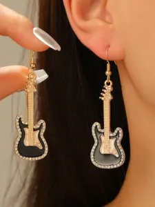 Fashionable Punk Style Alloy Guitar Earrings, Cute Dripping Oil Rhinestone Design, Versatile Classical Ear Jewelry for Women