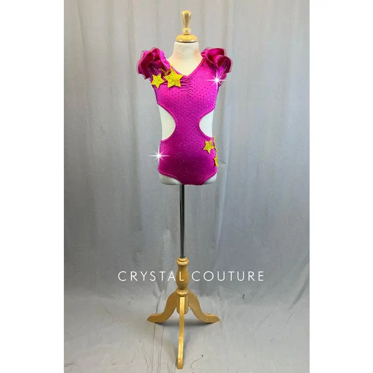 Hot Pink Cutout Leotard With Star Appliques and Rhinestones