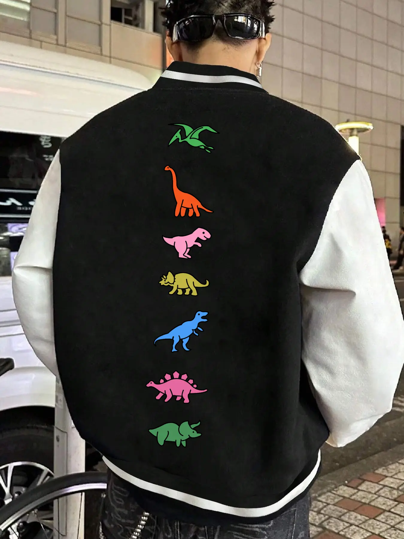 Dinosaur Print Unisex Baseball Jacket, Elastic Cuffs, Colorblock Patchwork Sleeves, Casual Street Style, Fitted Long Sleeve, Fall & Winter, Chic Casual Outerwear