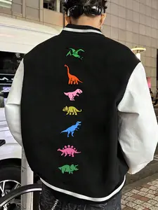 Dinosaur Print Unisex Baseball Jacket, Elastic Cuffs, Colorblock Patchwork Sleeves, Casual Street Style, Fitted Long Sleeve, Fall & Winter