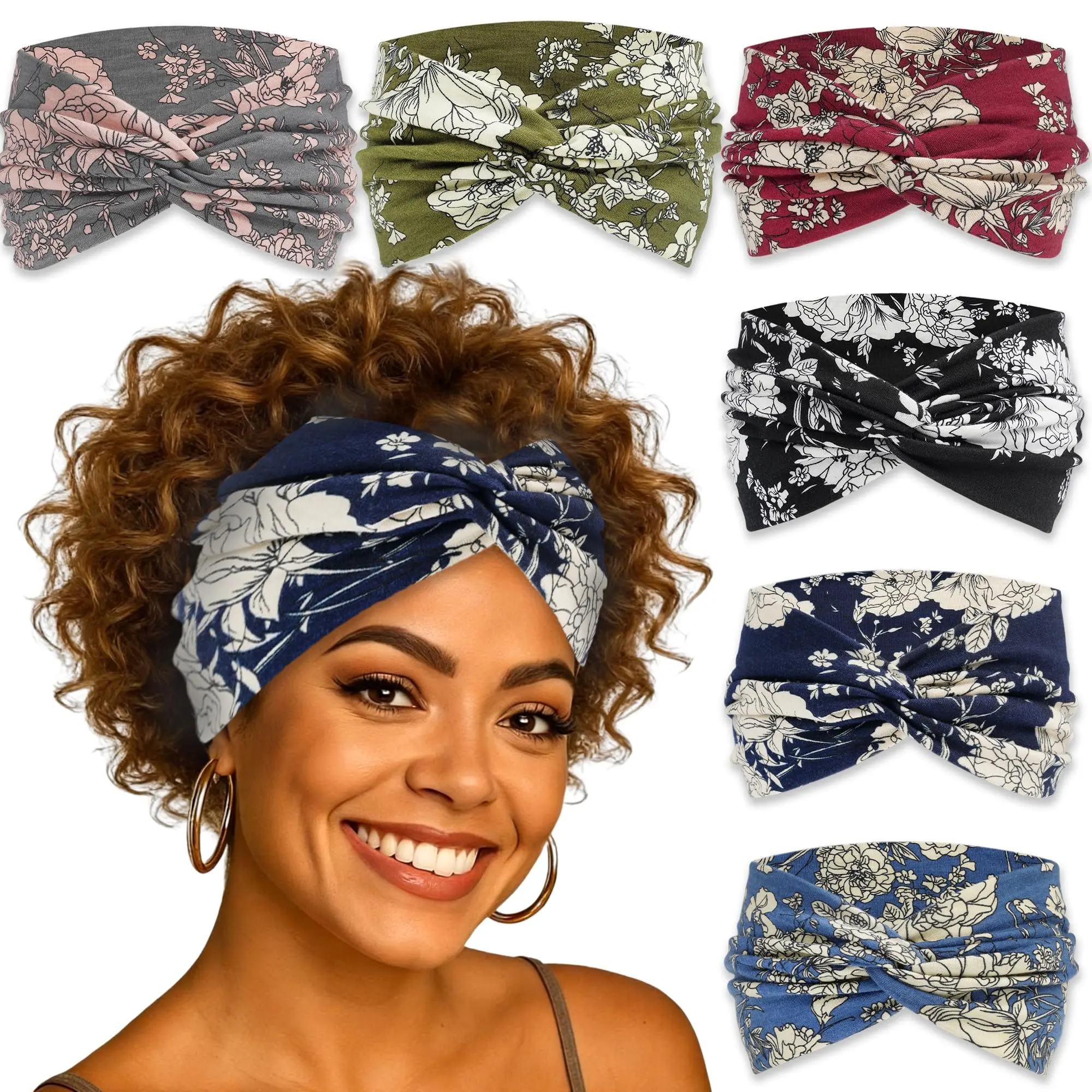 6 pack Wide Headbands for Women, 7'' Floral Printed Turban Headband Boho Hairband Twist Hair Accessories