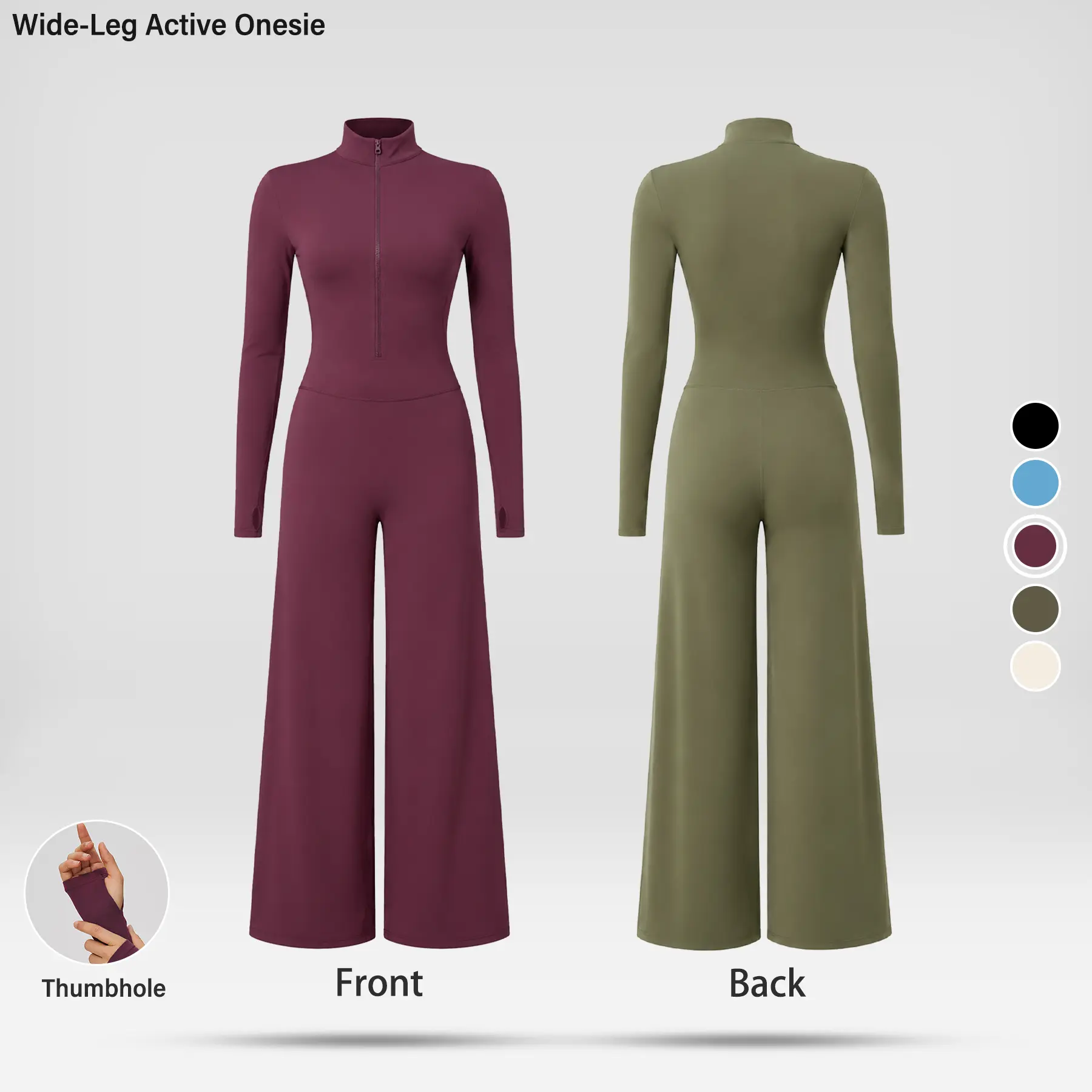 Women Front Zip Long Sleeve Jumpsuit, Mock Neck Slim Fit Wide Leg High Waist Shaping One‑Piece Romper with Thumb Holes Overalls Womenswear jumpsuits for women rompers for women