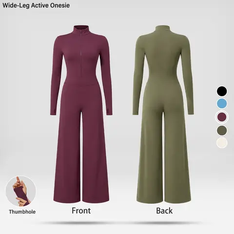Women Front Zip Long Sleeve Jumpsuit, Mock Neck Slim Fit Wide Leg High Waist Shaping One‑Piece Romper with Thumb Holes Overalls Womenswear jumpsuits for women rompers for women