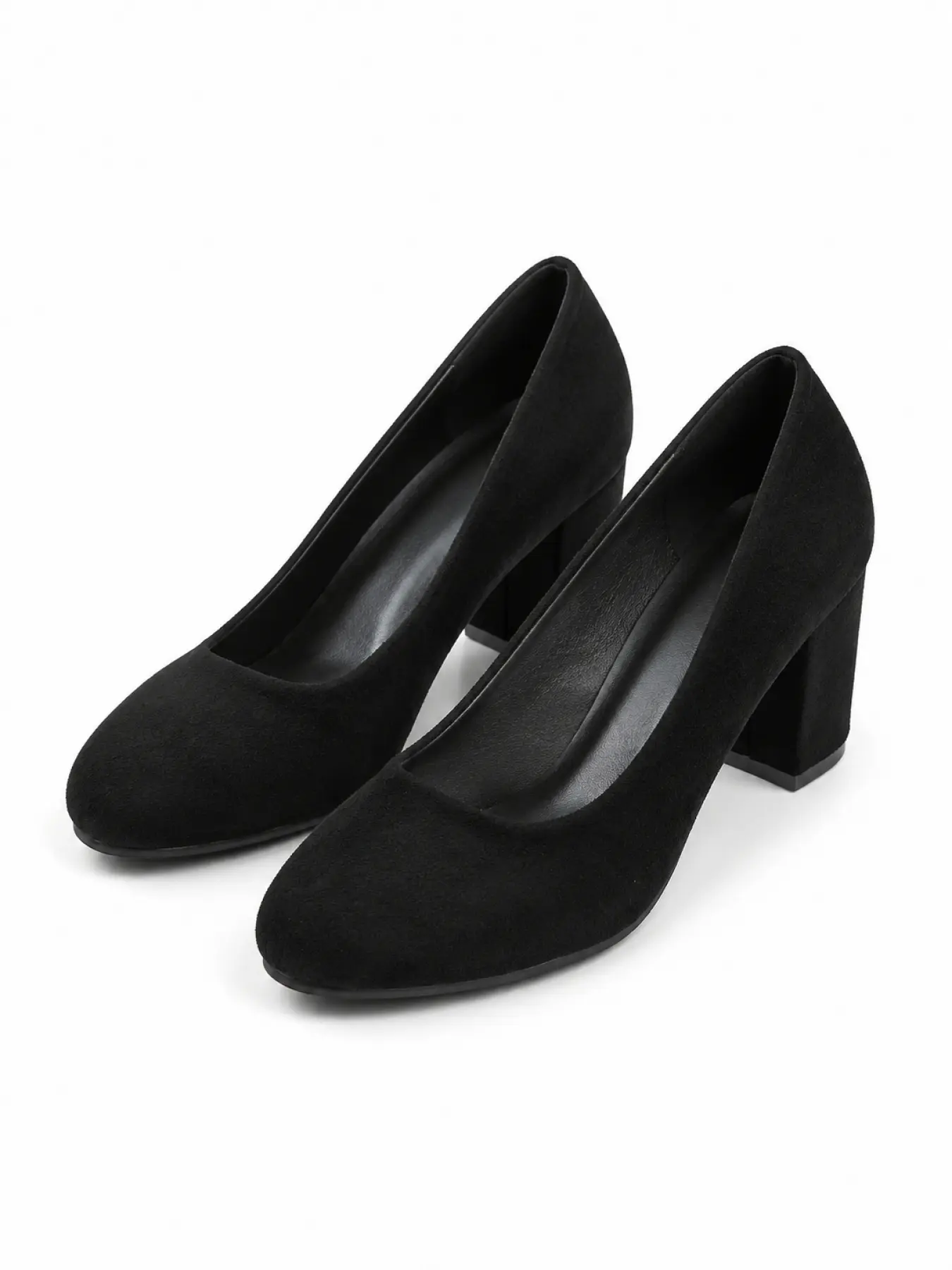 Office Siren Stylish Black Suede Slip On Pumps Classic Round Toe Block Heel Work Shoes