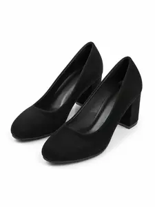 Office Siren Black Suede Pumps High Heels Classic Round Toe Block Heel Work Shoes