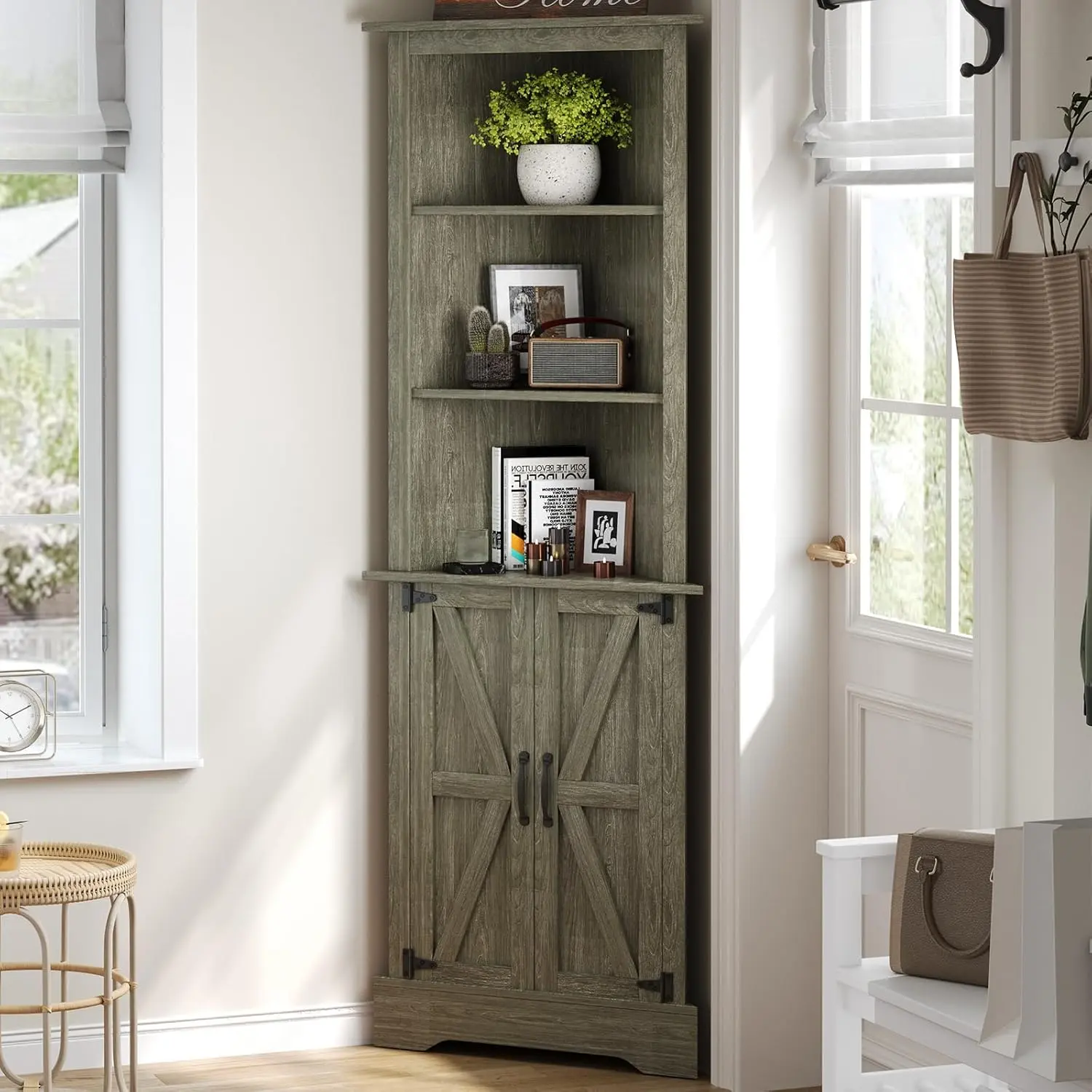 [SummerWins] HOMBCK Farmhouse Storage Cabinet with Doors, Tall Corner Cabinet with Shelves for Living Room, 5-Tier Corner Shelf with Home Space Saver for Bathroom, Hallway summer garden,fathers day gift ideas#home essentials#back to school