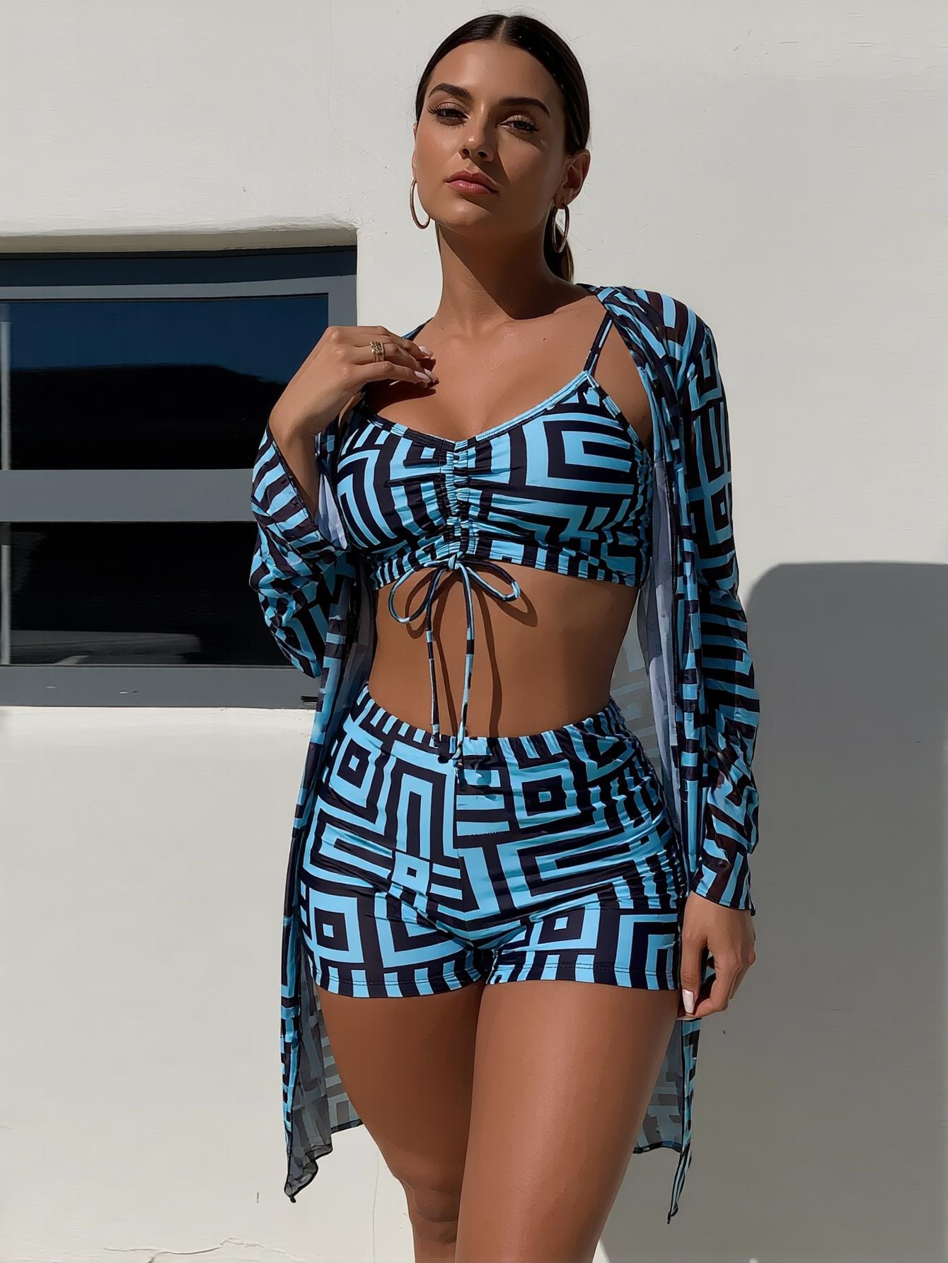 Three-piece Set Women's All Over Geometric Print Bikini Set, Chic Long Sleeve Sheer Cover Up Top & Tie Front Swim Bra & Short Set, Ladies Swimsuit for Beach Holiday Vacatio