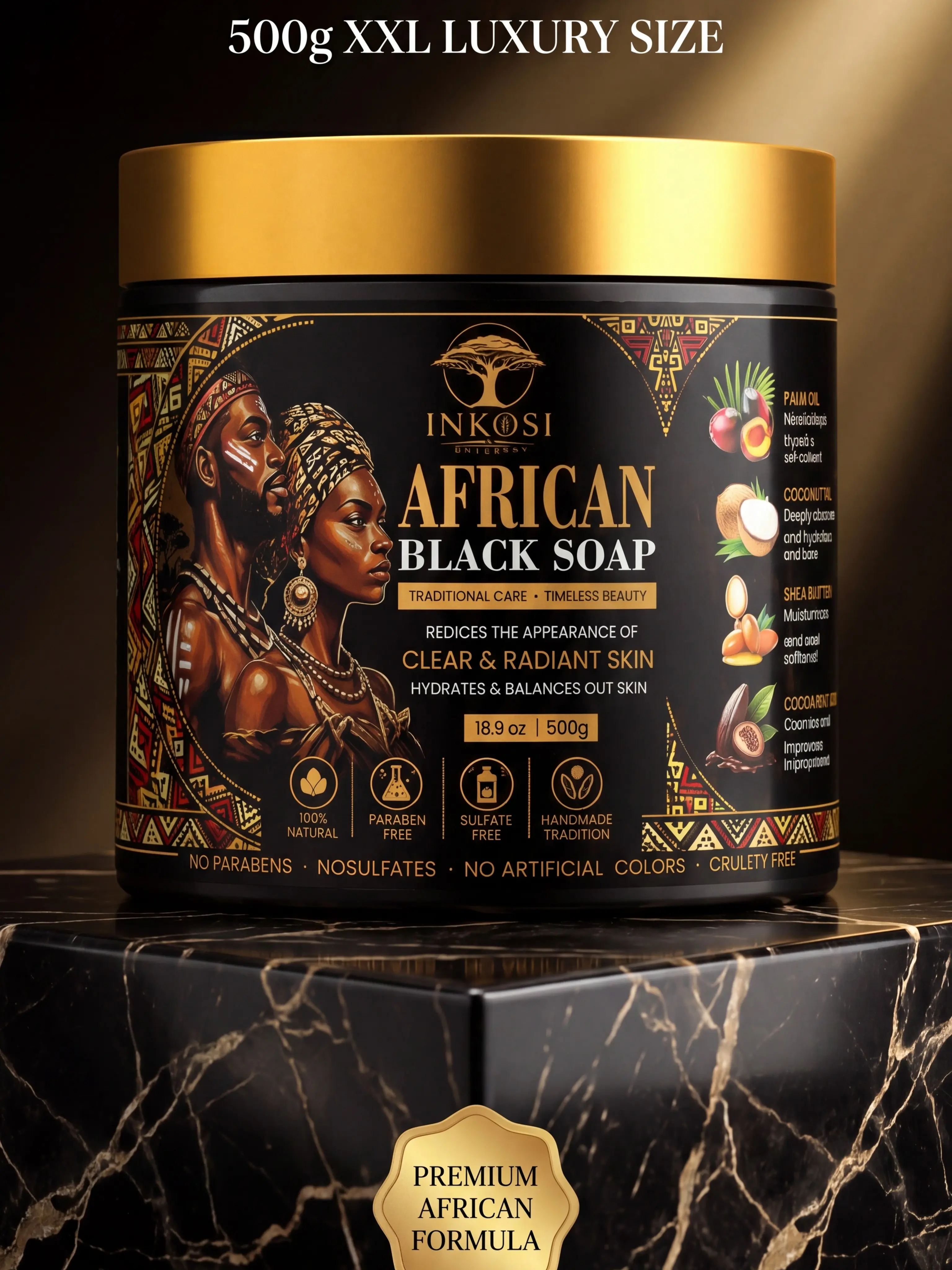 African Black Soap with Shea Butter & Coconut Oil, Hydrating Daily Cleanser for Face & Body Care, Supports Skin Detox & Smoother Texture, For All Skin Types, 500g Jar, Deep Cleansing Soap, Moisturizing Body Cleanser, Balances Skin