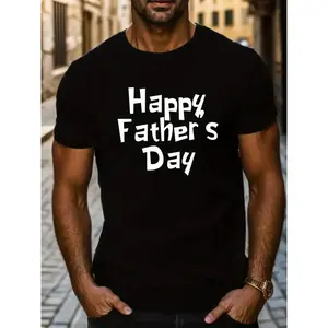 Happy Father's Day Print, Men's Round Crew Neck Short Sleeve, Simple Style Tee Fashion Regular Fit T-Shirt Casual Comfy Top for Spring Summer Holiday Leisure Vacation