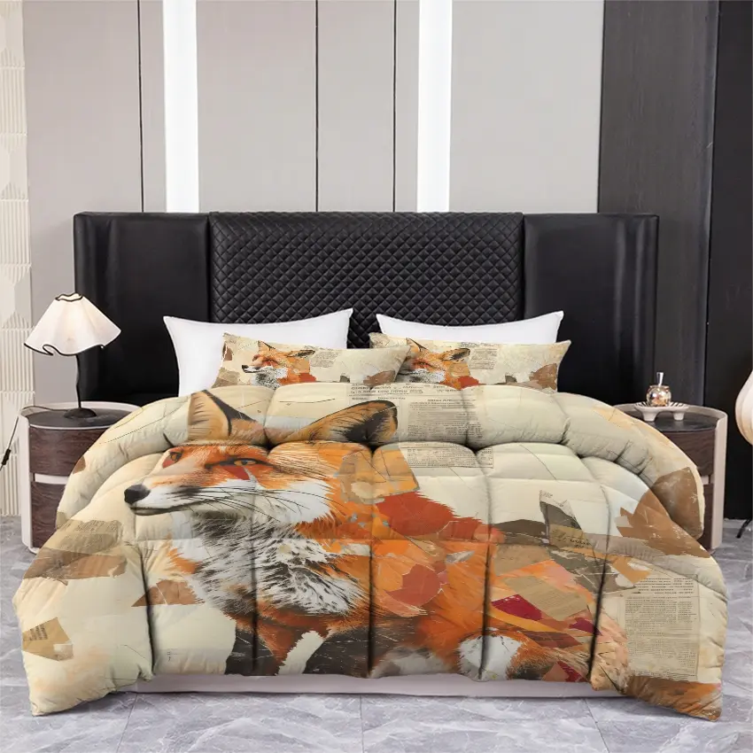 3pcs Printed quilt three-piece set (1 quiltr+2 pillowcases) - Artistic Fox Collage Design Quilt, Rustic Wildlife Animal Print Bedding Set, Soft Microfiber All Season Cozy Bedspread, Autumn Bedroom Decor Gift