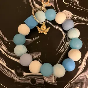 Angel Wing Silicone Beaded Keychain with Blue and White Beads Gold Angel Charm