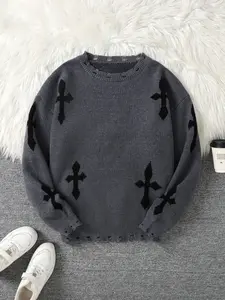 Trendy Hole Cross-Stitch Knit Sweater, Casual Round Neck Pullover for Men, Fall & Winter Geometric Pattern, Christmas Gift Choice