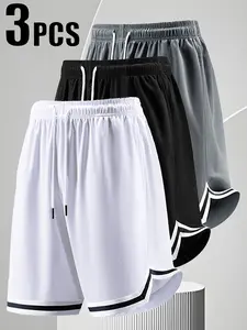 Men’s 3-pack summer casual athletic shorts featuring stylish striped paneling and a slit design, made from comfortable, breathable mesh—basketball shorts suitable for home lounging, running, fitness training, workouts, and everyday outdoor activities.