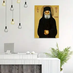 1pc Handmade Greek Orthodox Icon Of Saint Paisios Of Mount Athos, Frameless Byzantine Art Wall , Religious Home Decor With Frameless, Plaque, Spiritual Wall Art Decorative Wall Canvas Frameless