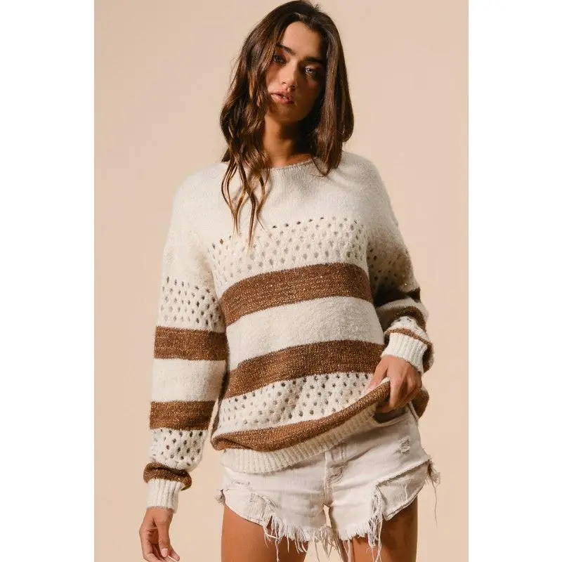 Oversized Striped Pattern Knit Sweater - Brown Ivory