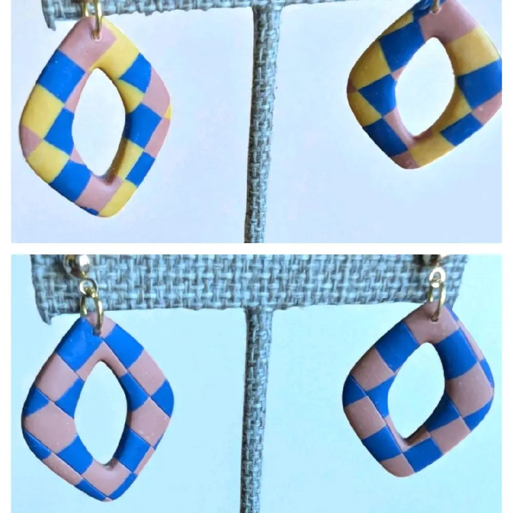 Checkered Polymer Clay Earrings on Gold Hypoallergenic Studs Stylish Checkered Pattern Comfortable Everyday Wear