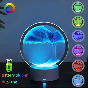 3D Dynamic RGB Moving Sand Art Lamp - Dimmable Night Light Round Glass Deep Sea Sandscape, Home Office Desk Ornament Bedroom Table Decor Creative Flowing Quicksand Art Housewarming Gift