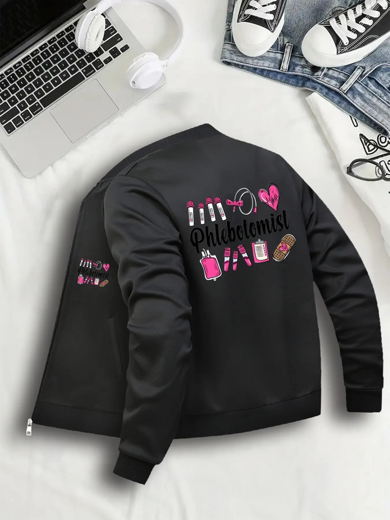 Women's Casual Fitted Long Sleeve Jacket Coats, Phlebotomist Pattern & Baseball Collar Design, Zipper Closure Casual Collared Outerwear, Tops, S-Xxl Sizes Available, Womenswear
