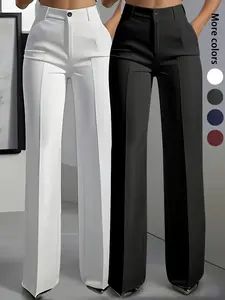 2-Pack Women's Elegant Plain Straight-Leg Woven Pants, Zipper Fly, Pockets, All Seasons, Business Casual, Belt Compatible