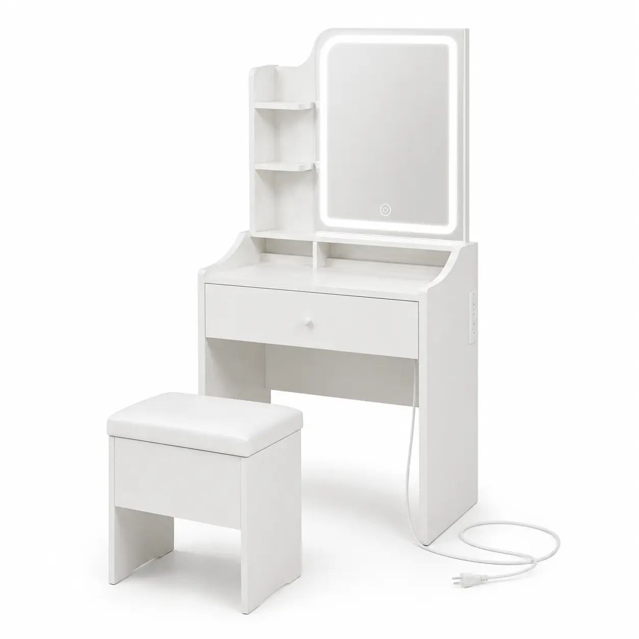 White Vanity Desk with LED Lighted Mirror, Built-In Power Strip, 3 Open Shelves, Drawer and Flip-Top Storage Stool, 24.4-Inch Wide Compact Makeup Table for Bedroom