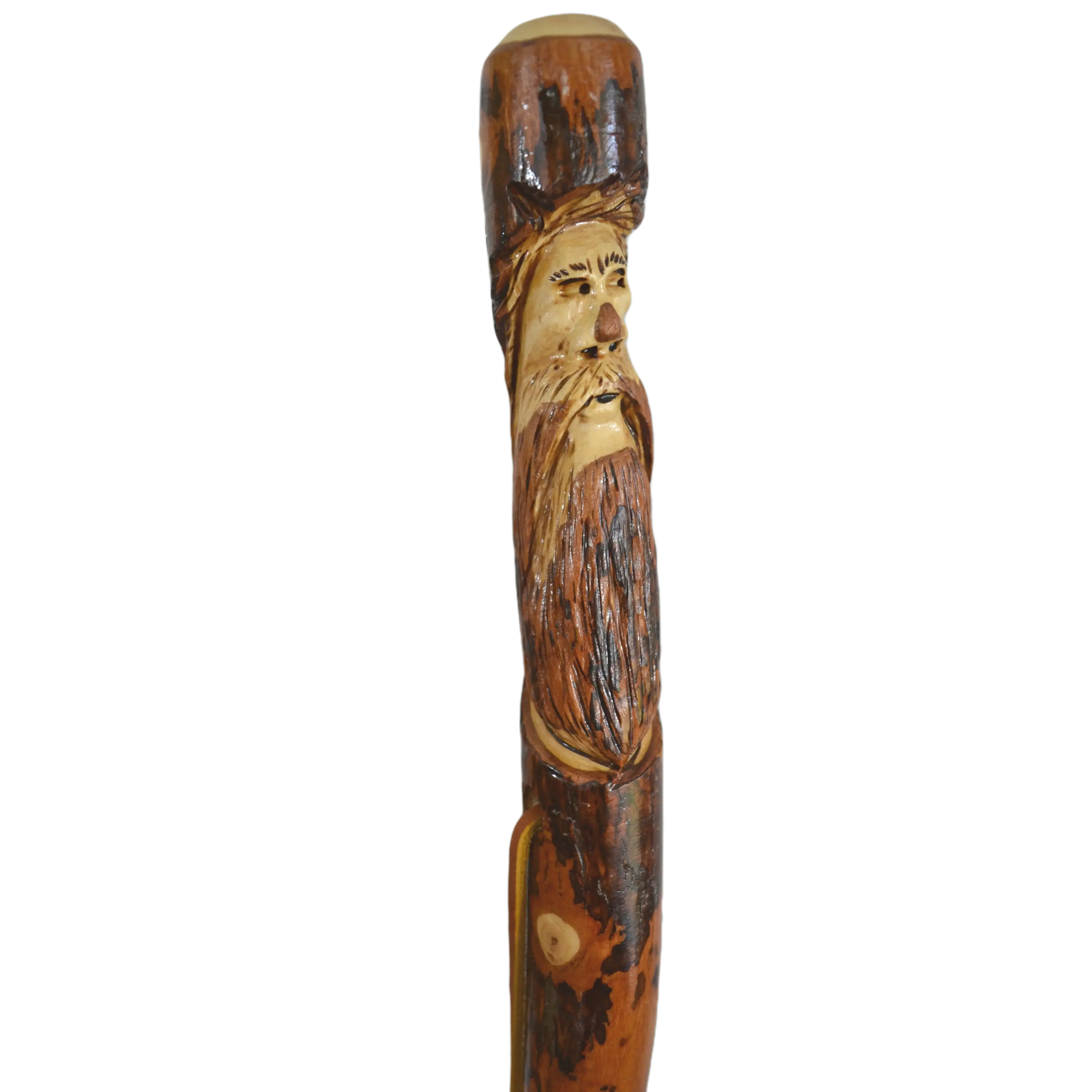 Hardwood Walking Stick with Hand-Carved Mountain Man Face, Carved Down Handle, Leather Strap, and Customizable Height up to 60" for Hiking, Face Carving
