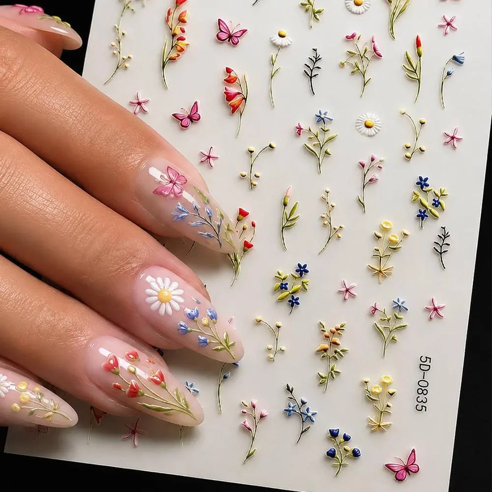 1Pc Embossed Design Flowers Butterflies Nail Sticker Mixed Colors Adhesive Nail Decal Fresh Look Butterfly Flowers Nail Slider