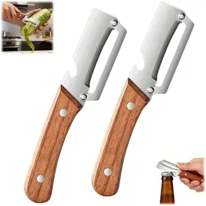 Premium Stainless Steel Vegetable Peeler with Wooden Handle 2 Pack Multi Functional Fruit Peeler with Bottle Opener Ergonomic Non Slip Grip Effortless Peeling Tool for Potato Carrot Apple Pumpkin Papaya Kitchen Cooking Daily Use