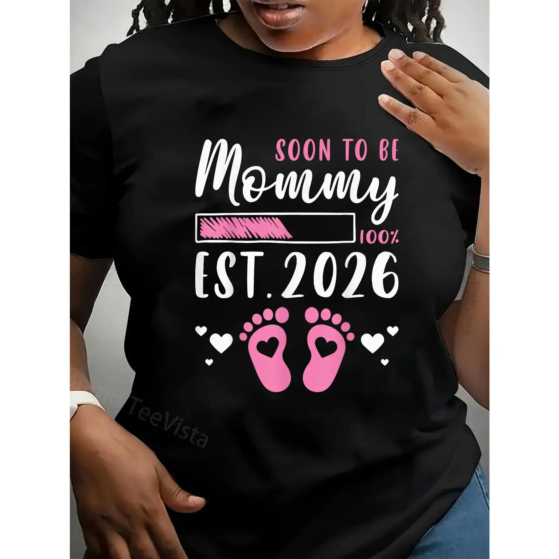 Women's "Soon to be Mommy 2026" Cute Graphic Tee, Vintage Casual Short Sleeve T-Shirt for Pregnancy Reveal, 100% Cotton