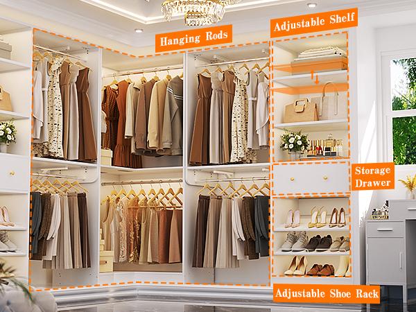 Closet System Set of 3 - Corner Closet Organizer System with 2 Drawers/16 Shelves/6 Hanging Rods, 151.1" L-Shaped Walk-In Wardrobe Organizer, 2800+ lbs Capacity