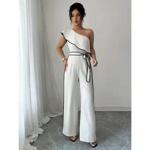 Elegant women’s asymmetric one-shoulder jumpsuit with wide-leg pants — chic formal and casual outfit romper for parties; white, sizes S–XL