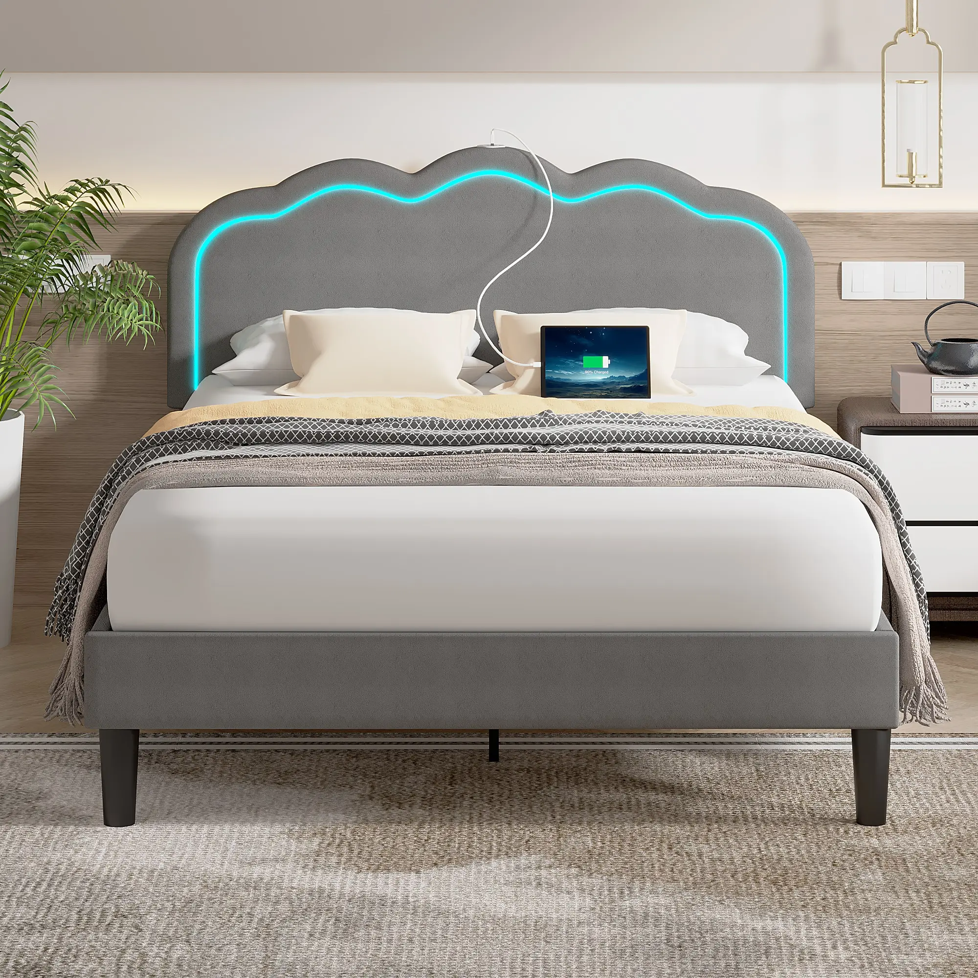 VECELO Upholstered LED Bed Frame Platform Bed Frame with Adjustable Headboard, Charging Station – Heavy-Duty Wood Slats, Velvet, Queen/Full/Twin