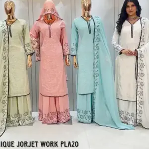 Sky blue and size XL 42 available 3pcs suit with Long Top Georgette fabric with Russian Plazo with Black Thread White Pearl & Moti Work