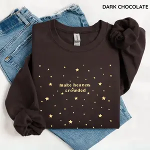 Raven Cotton US Make Heaven Crowded Christian Sweatshirt Minimalist Cross Crewneck Trendy Faith Apparel Jesus Graphic Top Soft Cotton