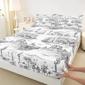 Southwest Cowboy Fitted Sheet Western Desert Bedding Set,Black White Farmhouse Bed Sheet for Boys Men Girls Adult Room Decor Wild Horse Cactus Deep Pocket Sheet