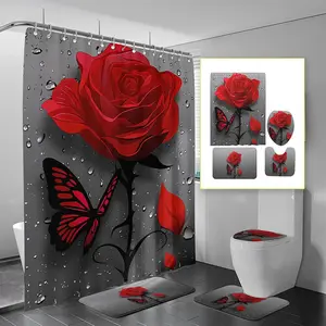 Rose & Butterfly Pattern Shower Curtain Set, 1 Set Waterproof Shower Curtain with 12 Hooks & Toilet U-shaped Mat & Toilet Lid Mat & Floor Mat, Bathroom Decor Supplies Bathroom Accessory for Home Dormitory Hotel Salon Room Decor