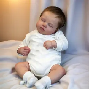 Newborn 20-inch Reborn Baby Doll with Rooted Brown Hair & White Onesie Hand-Painted Details Soft Cloth Body Perfect for Birthday & Christmas Gifts Rebornbabydoll Sleeping Doll Cute Dolls
