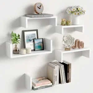 [Fahuac] White Wood Floating Shelves Set of 5, Wall Mounted Display Storage Shelves for Bathroom Bedroom Living Room Kitchen, U-Shaped Wall Shelf Decor