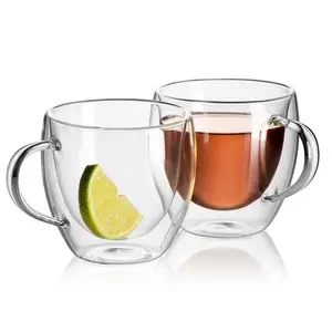 Double Walled Glass Cup, 2 Counts Glass Coffee Mug, Tea Cup with Handle, Water Cup, Insulated Cup Mug, Drinkware for Home Office Daily Use