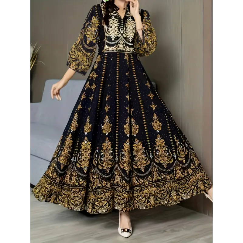 Middle Eastern Bohemian Style Dress Ethnic Embroidery Full Skirt Retro Long Dress Casual Vacation Travel Beach Dress Plus Size