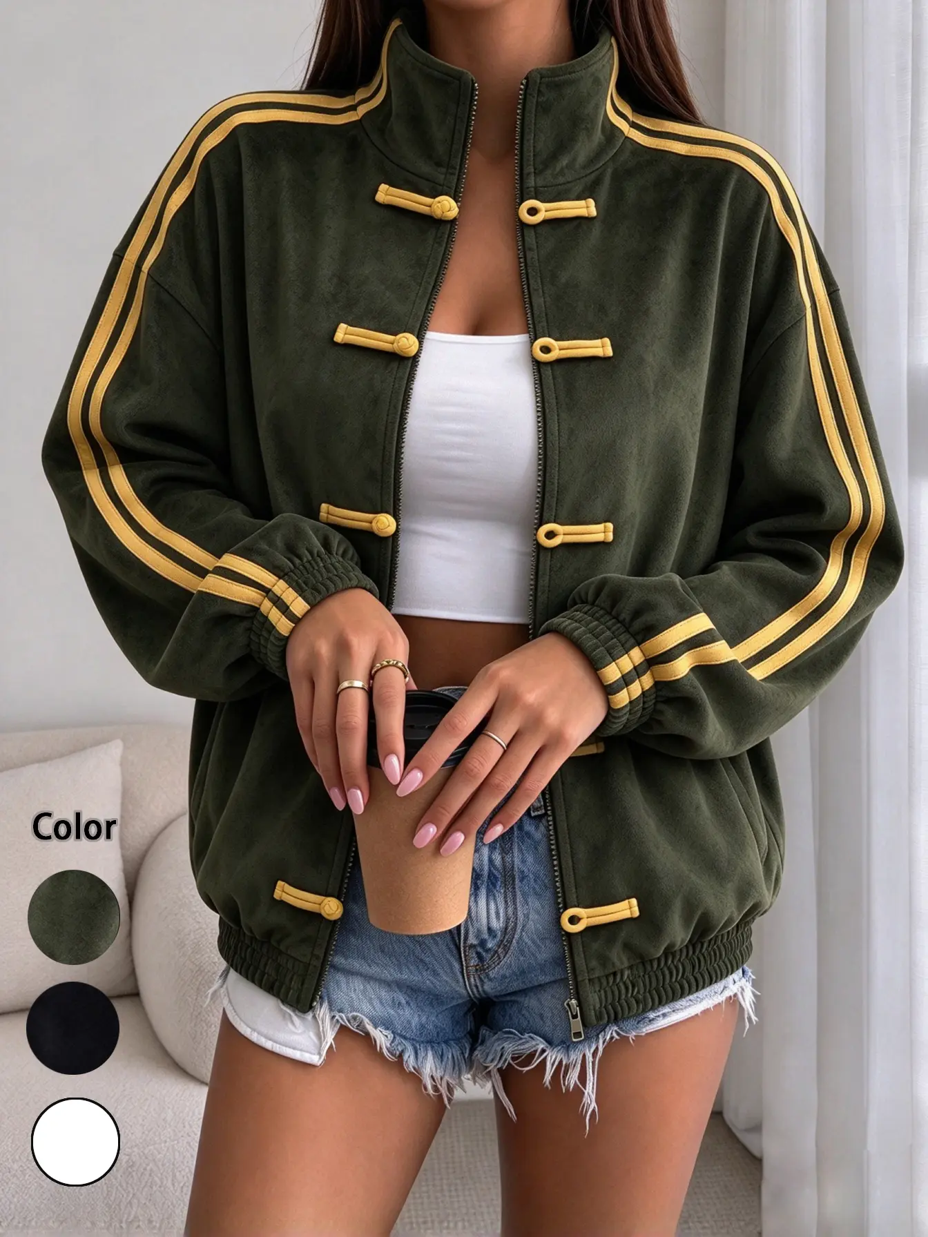 Women's New Chinese Style Stand Collar Frog Button Jacket - Velvety Wide Body Casual Outerwear with Retro Yellow Side Stripes, Effortless Style Fashion Basics, 3 Colors Optional Sports Coat