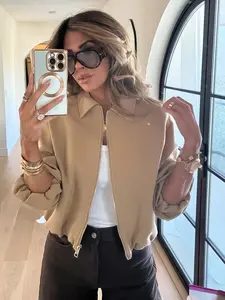 Crop Women's Bomber Baseball Jacket Long Sleeve Black Jacket Short Coat Spring Zip Up Puff Jackets For Woman Street Demi-Season Loose Female Outerwear Casual Beige Khaki Outdoor Aviator Jackets Casual Fashionable Jacket