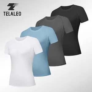TELALEO 4 value pack Women's Solid Color Casual Athletic T-Shirts - Short Sleeve Crew Neck Comfort Fit, Polyester Blend, White/Gray/Black/Navy Blue, Machine Washable, All-Season Wear, Ladies T Shirts dealsforyoudays