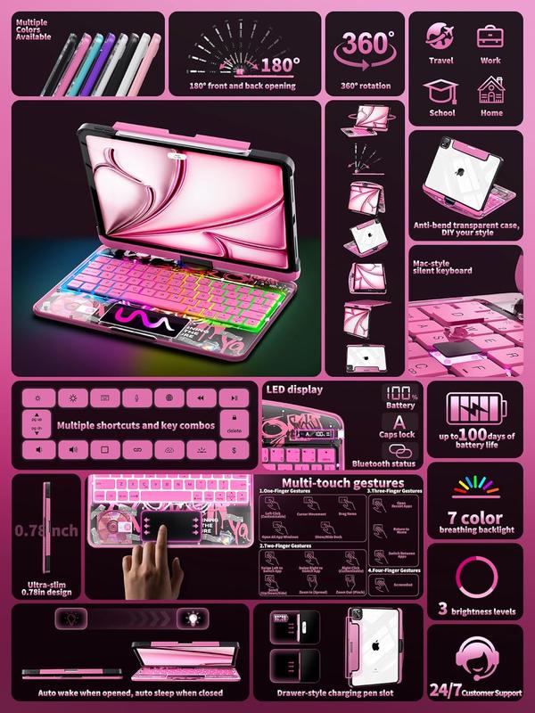 New Y2K Color Keyboard Pink For iPad Pro 12.9/11/10.9/13-inch (M4, 2024/2025) With 360° Rotatable Multi-Touch Trackpad ,Compatible Backlit Keyboard, Pencil Holder,Type-C Charging