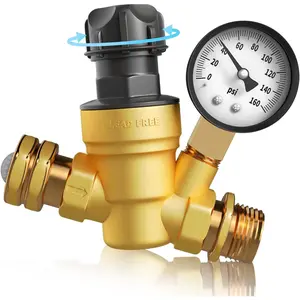 RV Water Pressure Regulator Valve With An Adjustable Knob, NO Tool Required, Brass Lead-Free Water Pressure Reducer with Gauge and Inlet Screen Filter for RV Camper Travel Trailer